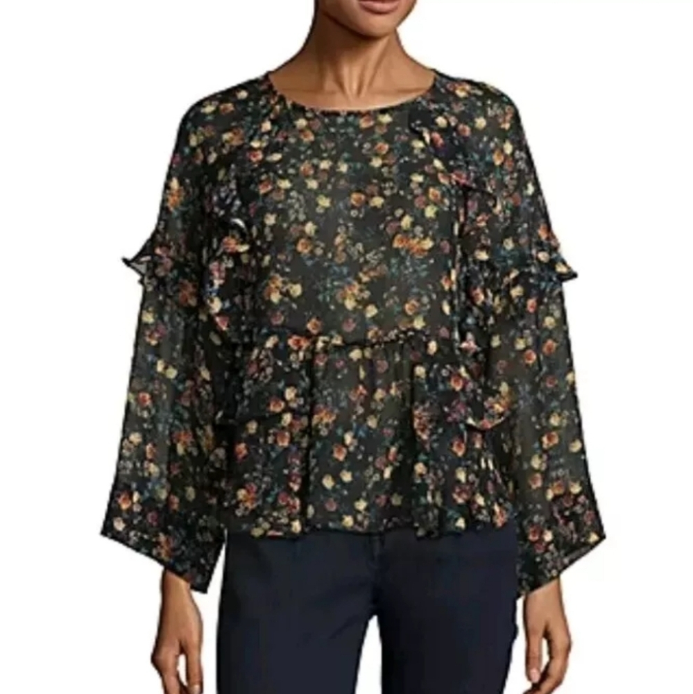 Ana Floral Printed Ruffle Blouse Size Small Top Shirt Crew Neck